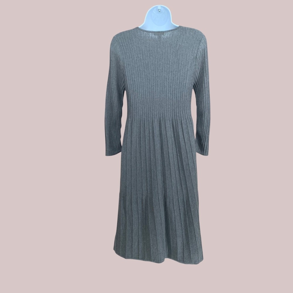 EILEEN‎ FISHER Ribbed Knit Wool Midi Dress Charcoal Gray 3/4 Sleeve Pleated Smal - Picture 2 of 6